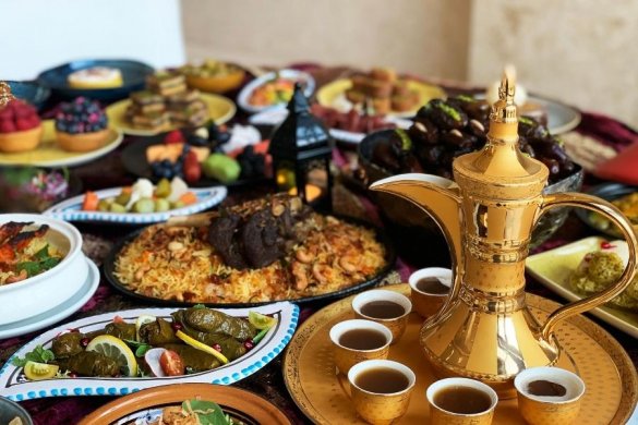 The traditional Iftar spread of food offered by Olea, one of the best Iftar buffets in Abu Dhabi at St Regis Saadiyat Island.