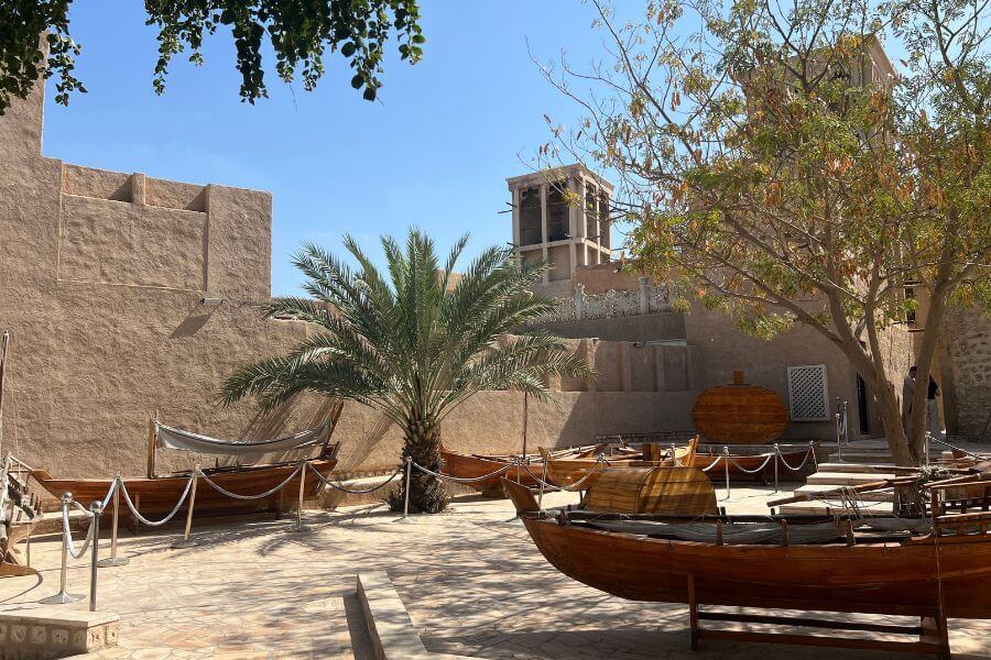 traditional dhow boats in a courtyard of Al Fahidi Historical Neighbourhood