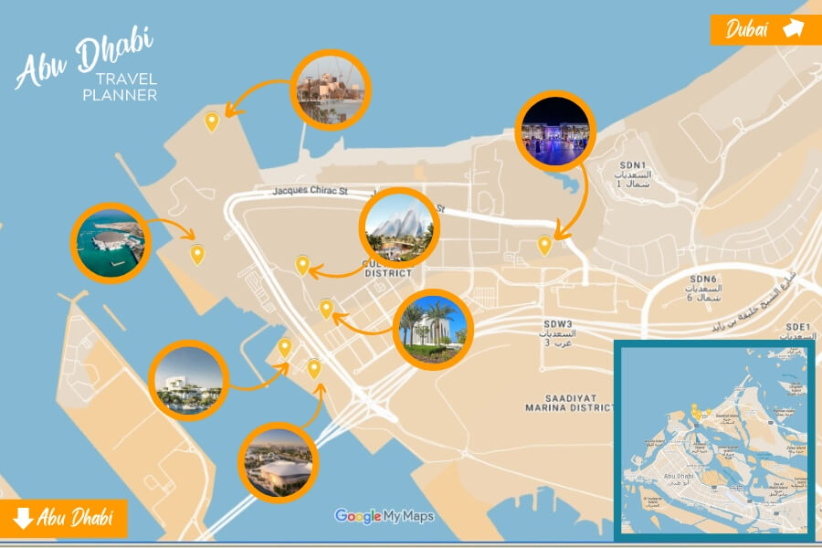 map of museums and buildings of cultural signifcance Abu Dhabi's Saadiyat Cultural District, Saadiyat Island UAE