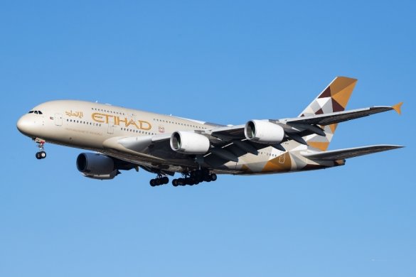 an Etihad A380 in the sky