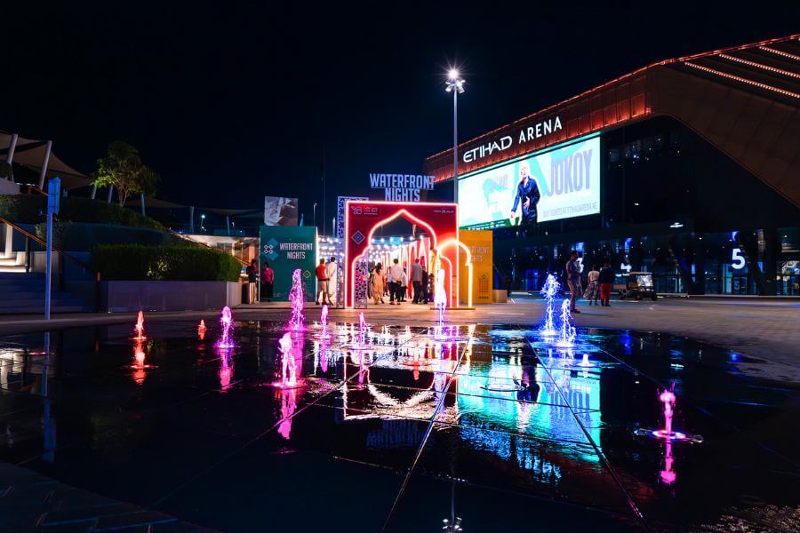 yas bay waterfront nights outside etihad arena on Yas island -media supplied