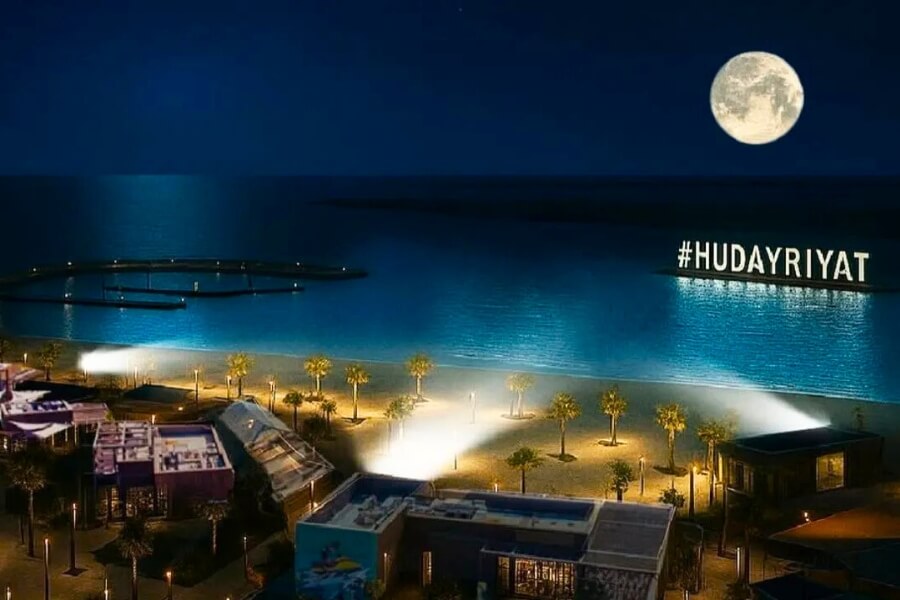 marsana east on hudayriyat island floodlit at night for summer night swimming at the beach in abu dhabi