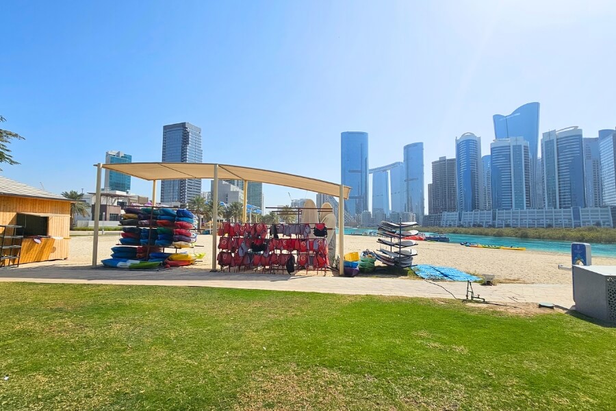 boating and beach front area for recreation at reem central park, al reem, island, abu dhabi